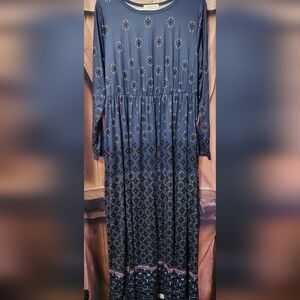 1X Womens Elegant Blue Patterned Maxi Dress Long Sleeve